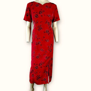Sag Harbor Vintage 90s Floral Red Short Sleeve Midi Shift Dress Size 12 Slit Hem